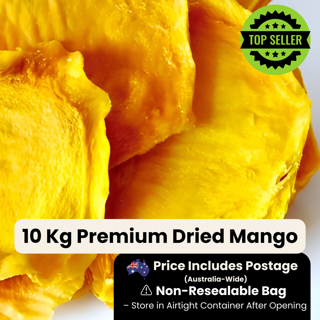 Close-up of vibrant golden dried mango slices with a "Top Seller" badge. Text overlay highlights "10kg Premium Dried Mango" with a black info box stating "Price Includes Postage (Australia-Wide)" and "Non-Resealable Bag – Store in Airtight Container After Opening." The mango pieces have a rich, chewy texture and deep colour, showcasing their quality.