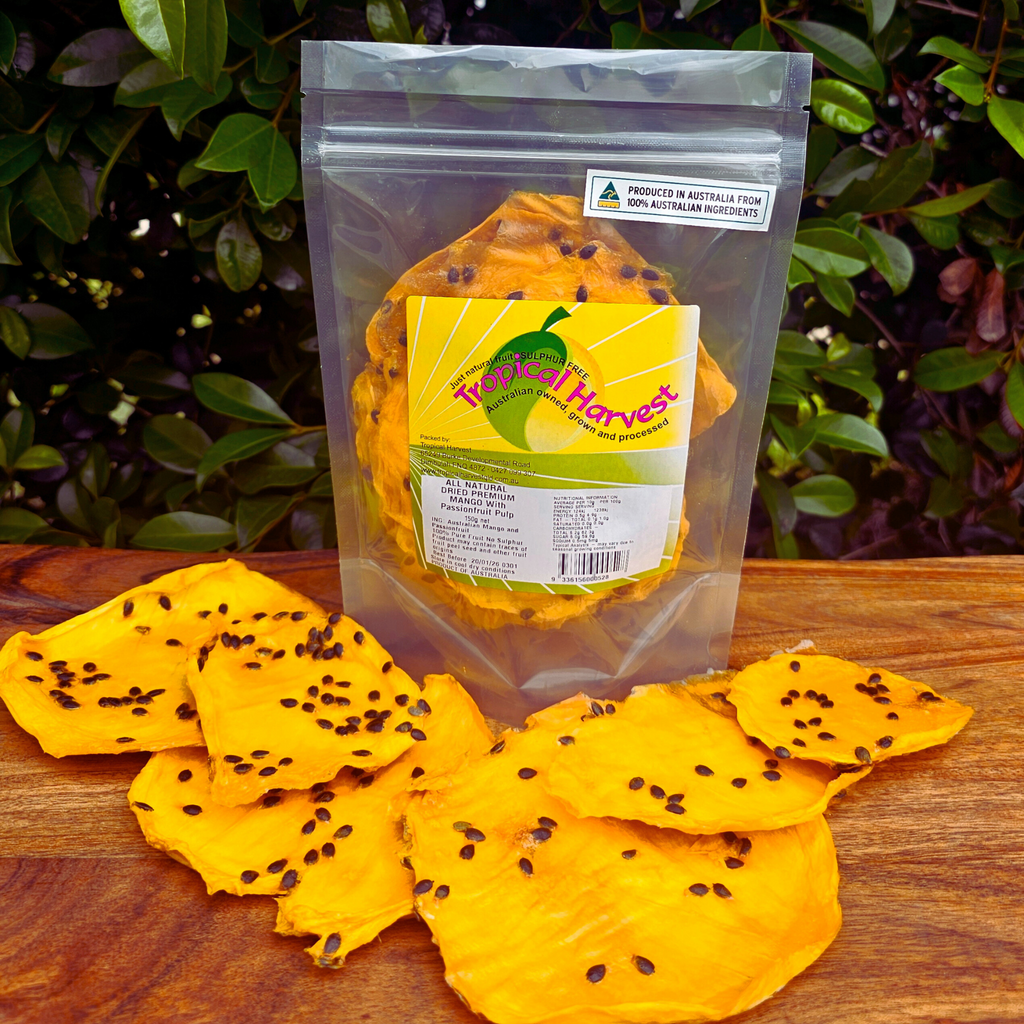 150g resealable bag of Tropical Harvest dried mango with passionfruit pulp, great for snacking and sharing.