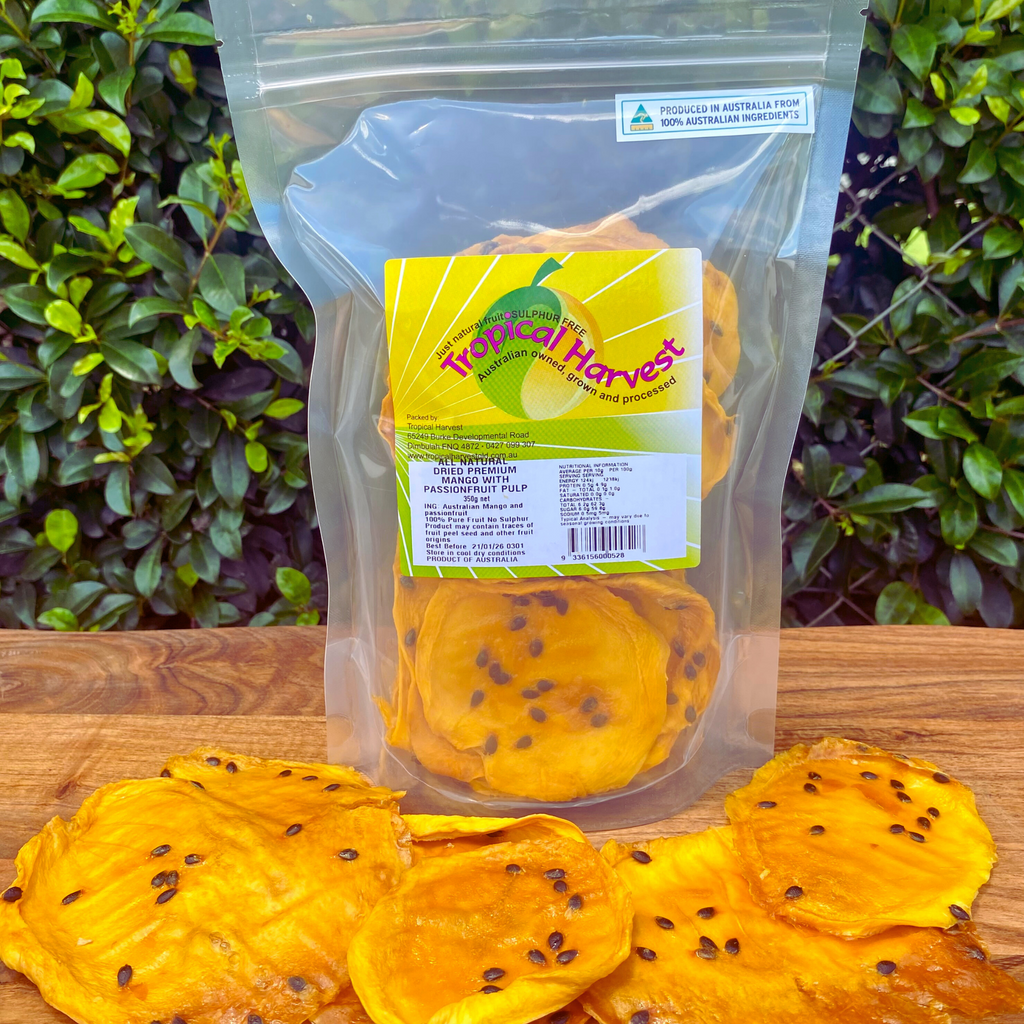 350g resealable bag of Tropical Harvest dried mango with passionfruit pulp, perfect for families, bulk buying, and sharing.