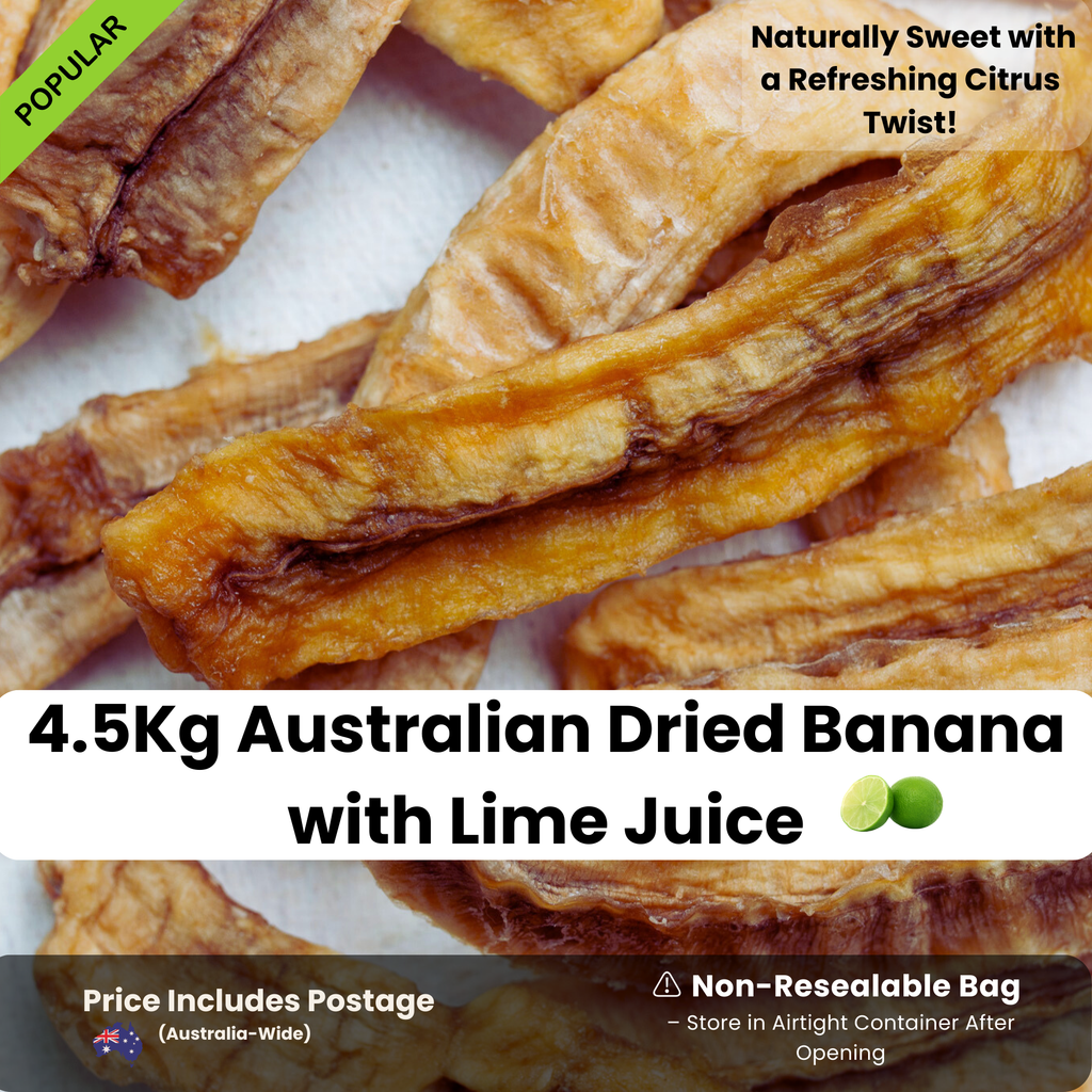 Close-up of 4.5kg Australian Dried Banana Longs dipped in lime juice, showcasing their rich golden color and chewy texture. Naturally sweet with a refreshing citrus twist, packed in a non-resealable bag. Price includes Australia-wide shipping.