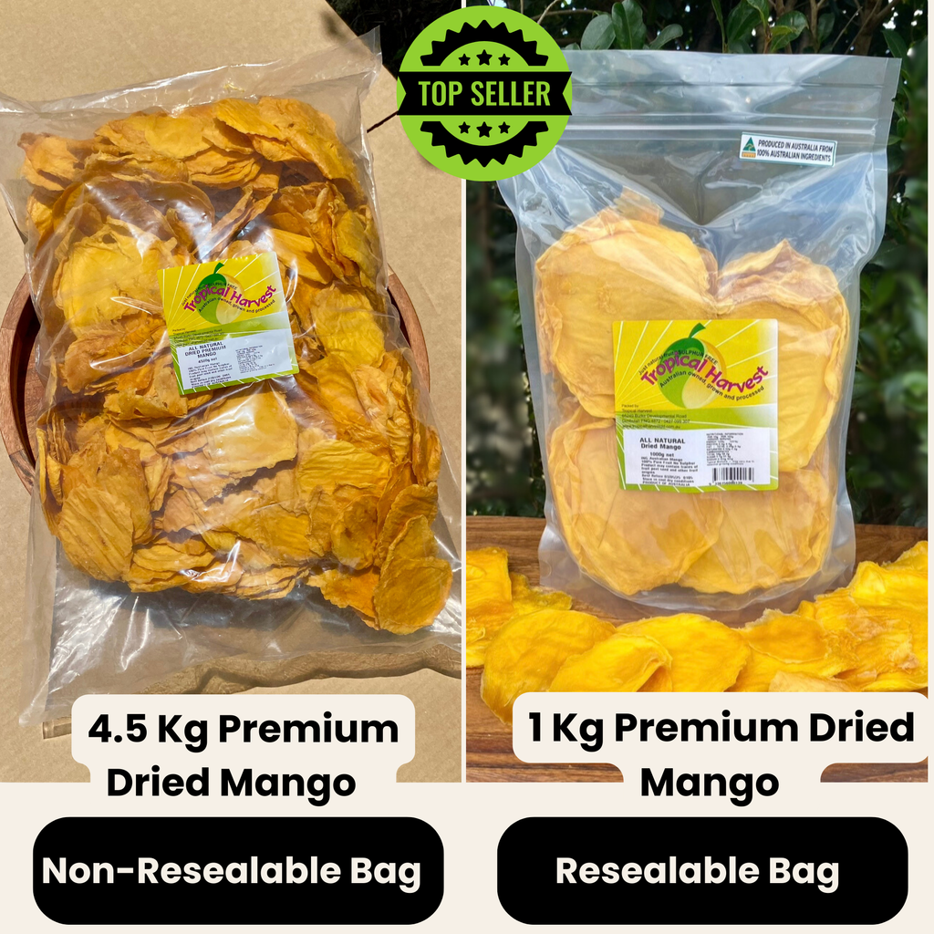 Side-by-side comparison of Tropical Harvest's 4.5kg Premium Dried Mango in a non-resealable bag and 1kg Premium Dried Mango in a resealable bag. Both show vibrant golden mango slices in clear packaging, labeled for freshness. A ‘Top Seller’ badge highlights popularity.