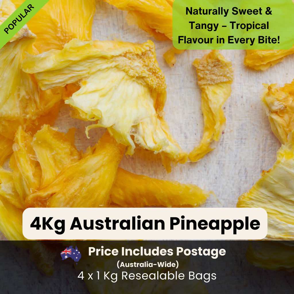 4kg Australian Dried Pineapple – Naturally sweet and tangy, 100% Australian-grown. Bulk pack with 4 x 1kg resealable bags. No added sugar or preservatives.