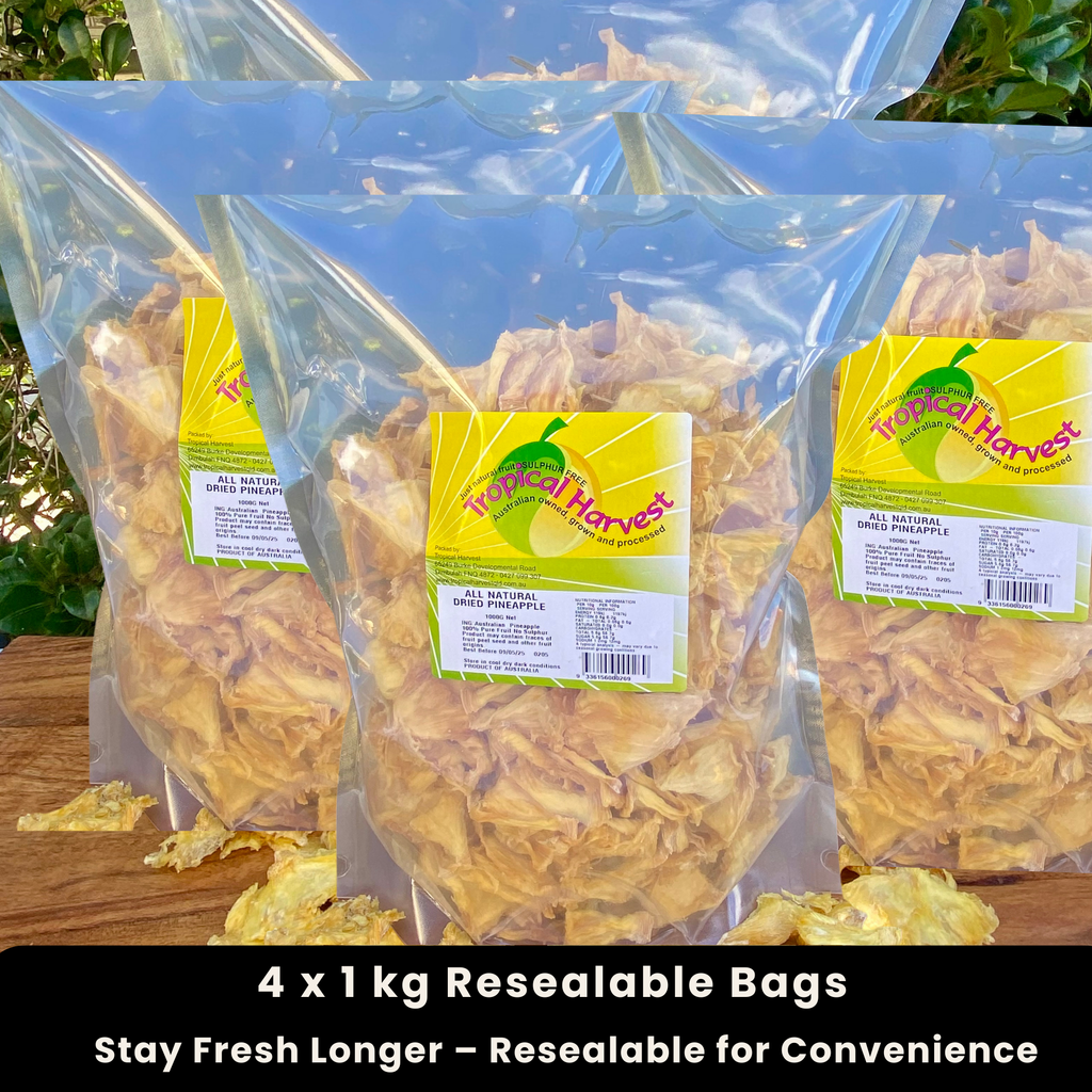 4kg Australian Dried Pineapple – 4 x 1kg resealable bags for freshness. Naturally sweet & tangy, 100% Australian-grown with no added sugar or preservatives.