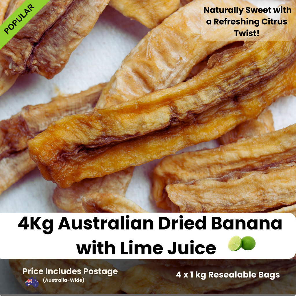 Close-up of 4kg bulk Australian dried banana longs with lime juice. Naturally sweet and chewy with a citrus twist. 4 x 1kg resealable bags included.