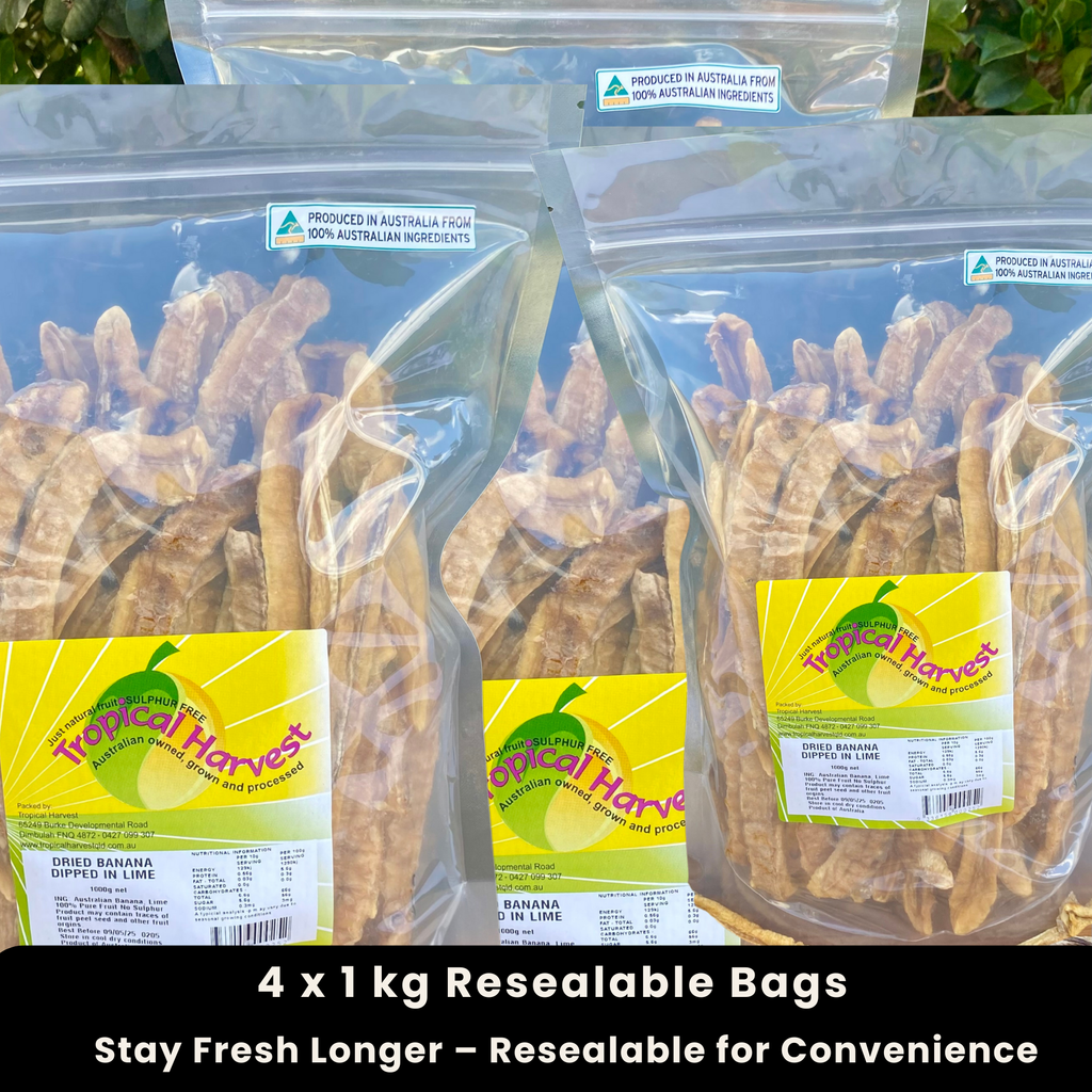 4kg bulk Australian dried banana longs dipped in lime juice. Naturally sweet, chewy, and tangy. Comes in 4 x 1kg resealable bags for freshness.