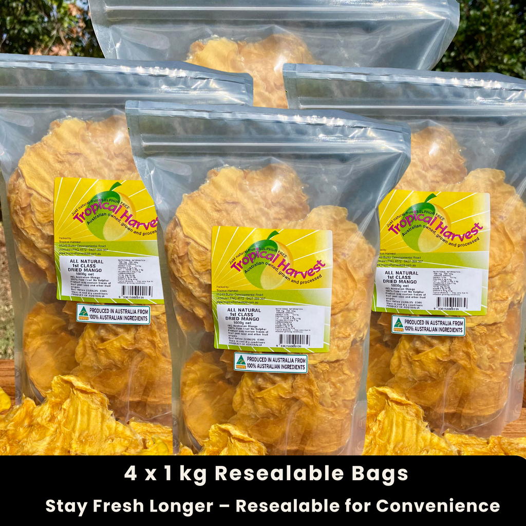 4kg First-Class Australian Dried Mango in 4 x 1kg resealable bags. Naturally sweet, additive-free, and perfect for snacking or meal prep. Stay fresh longer with resealable convenience.