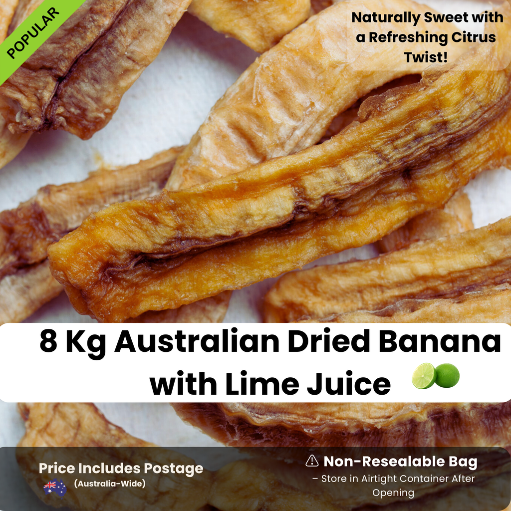 Close-up of 8kg bulk Australian dried banana longs dipped in lime juice, showcasing their rich, chewy texture and natural caramelized sweetness. Includes labels highlighting 'Naturally Sweet with a Refreshing Citrus Twist,' non-resealable bag details, and free Australia-wide postage