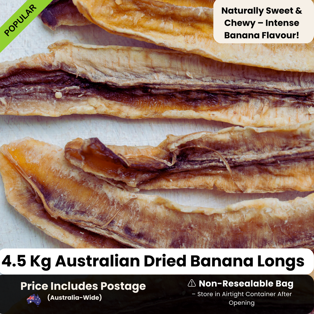 4.5kg Australian Dried Banana Longs, naturally sweet and chewy with an intense banana flavor. Bulk-packed in a non-resealable bag, includes free Australia-wide shipping. Perfect for snacking, baking, and meal prep.