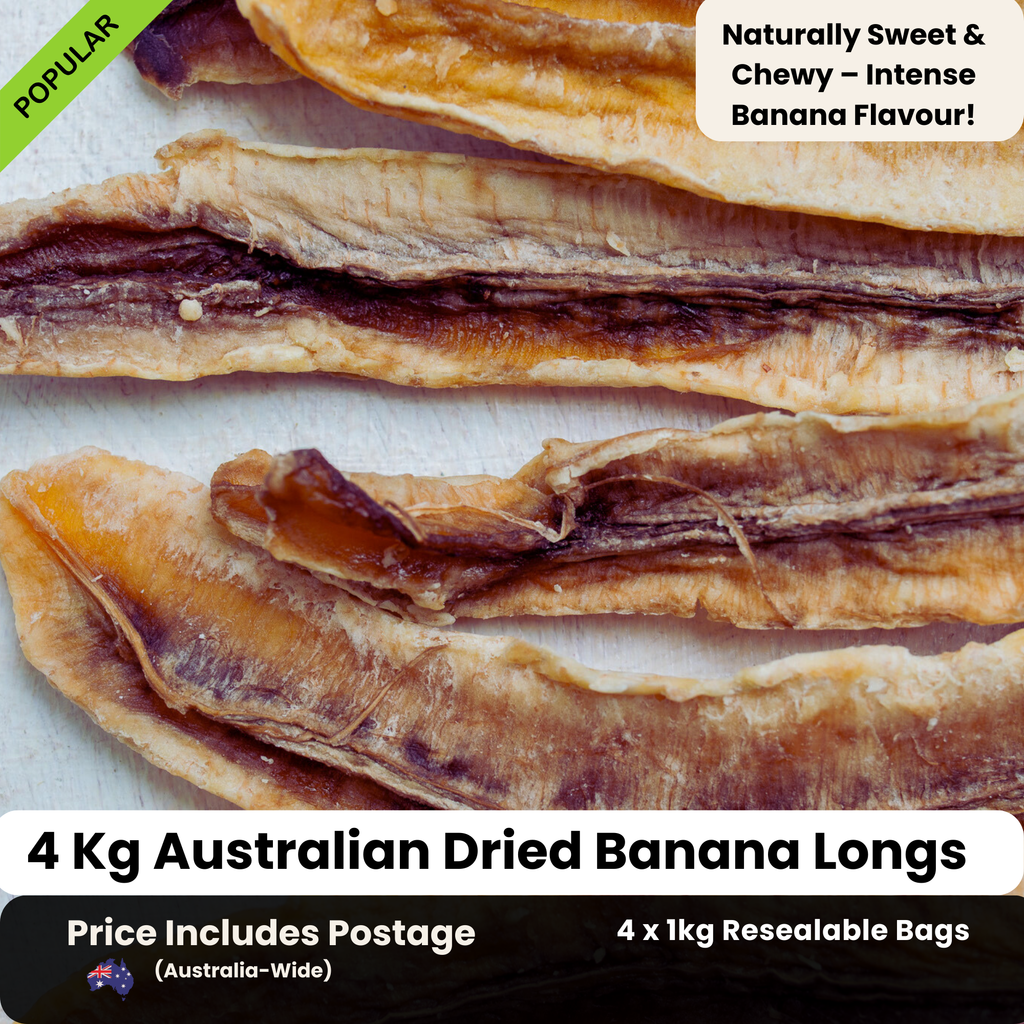 Close-up of Australian dried banana longs, naturally sweet and chewy with an intense banana flavour. 4kg bulk pack with 4 x 1kg resealable bags. Price includes Australia-wide shipping.