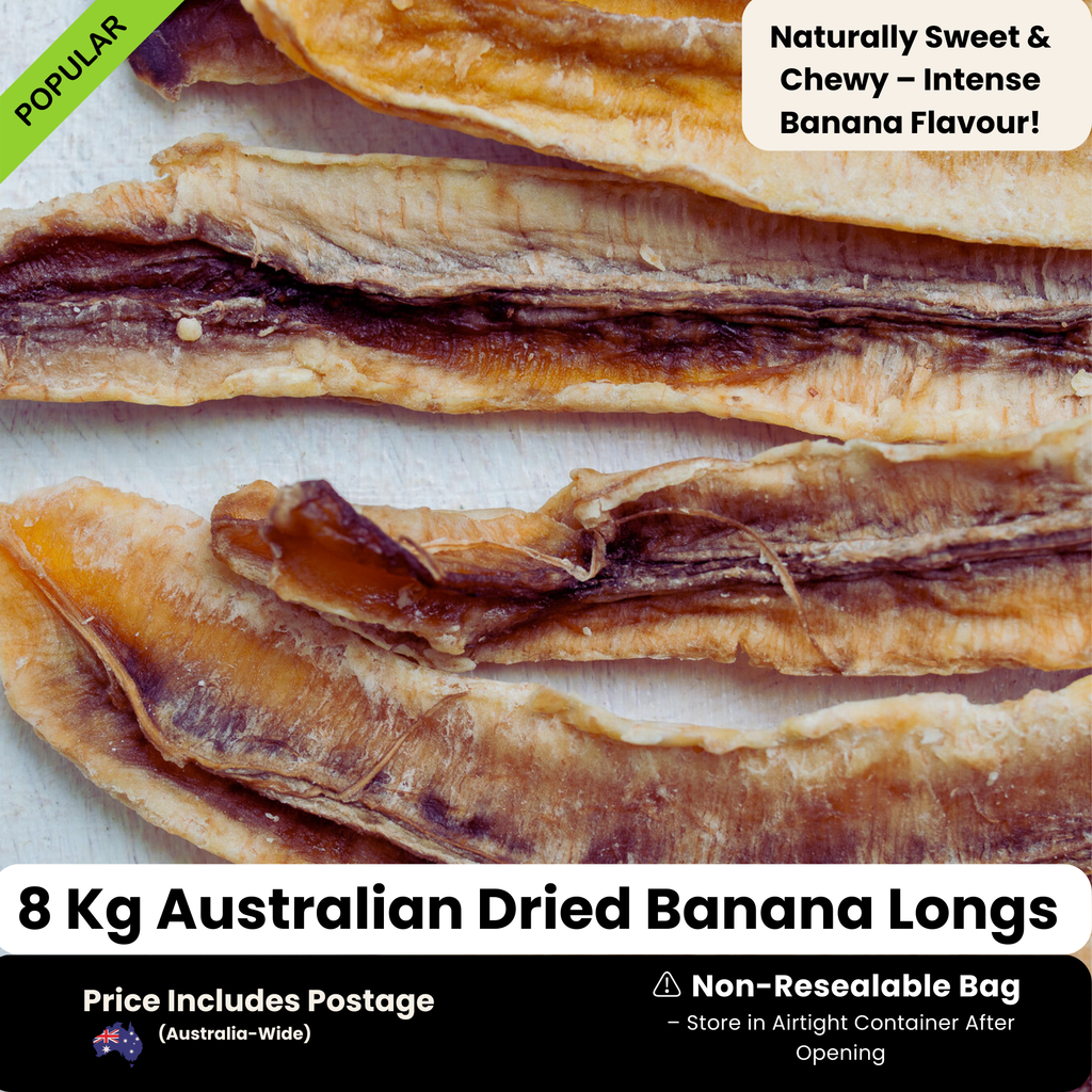 8kg Australian Dried Banana Longs, naturally sweet and chewy with an intense banana flavor. Bulk-packed in a non-resealable bag, includes free Australia-wide shipping. Perfect for snacking, baking, and meal prep