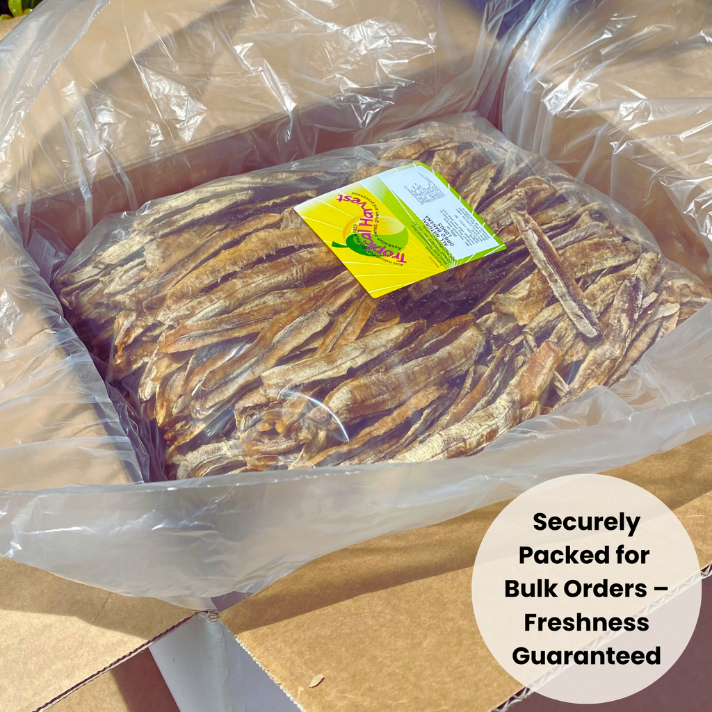 4.5kg bulk pack of Australian dried banana longs, securely packed in a non-resealable bag inside a protective cardboard box, with a freshness guarantee label. Naturally dried with no additives or preservatives.