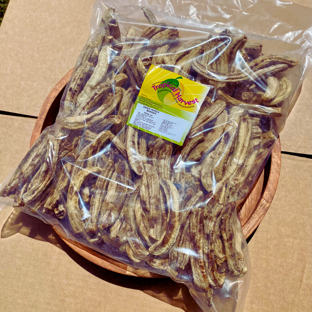 Large 4.5kg bulk pack of Australian dried whole bananas in clear packaging, highlighting freshness and quality