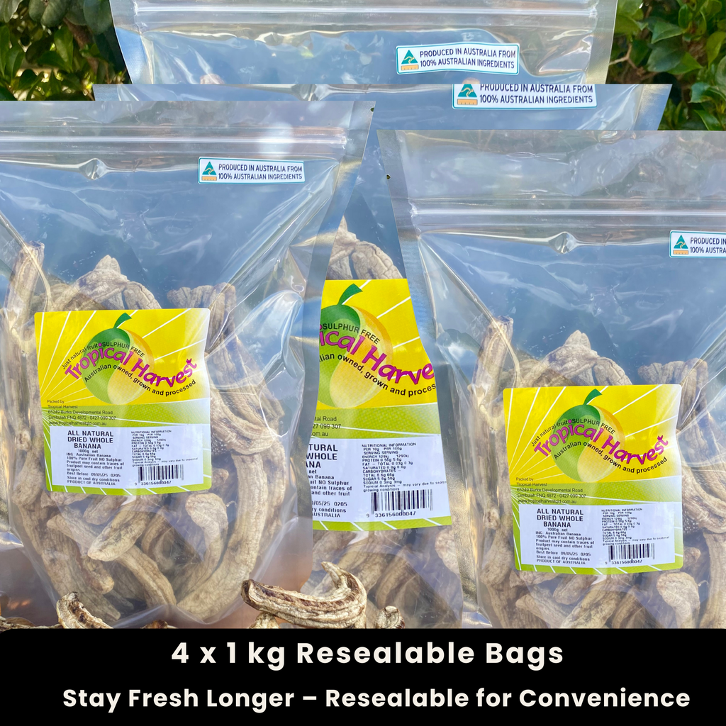 Four 1kg resealable bags of Australian dried banana whole, displayed outdoors with a bright background. Naturally sweet and chewy, with no added sugar or preservatives. Bulk 4kg pack for freshness and convenience