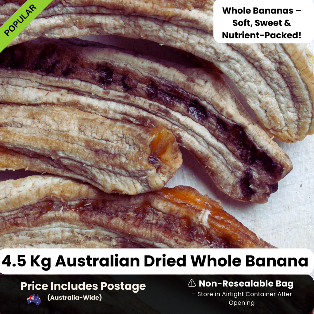 4.5kg bulk pack of Australian dried whole bananas from Tropical Harvest. Soft, sweet, and nutrient-packed with natural banana flavor. Non-resealable packaging; store in an airtight container after opening. Includes Australia-wide postage.