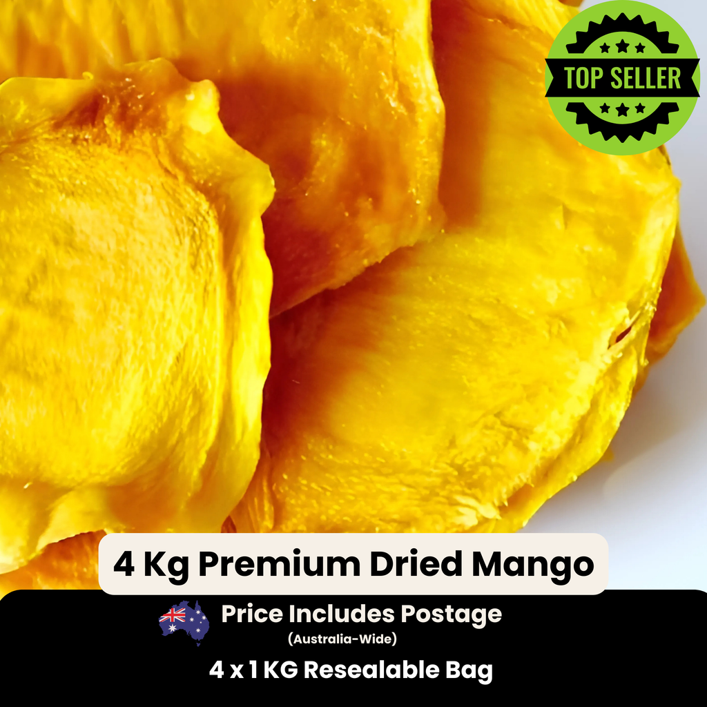 Close-up of 4kg bulk dried mango slices in resealable bags, naturally sweet, 100% Australian, sulphate-free, and a top seller at Tropical Harvest.