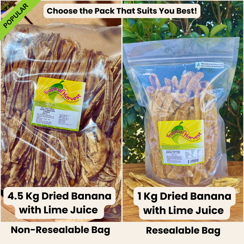 Side-by-side comparison of 4.5kg bulk dried banana with lime juice in a non-resealable bag and 1kg dried banana with lime juice in a resealable bag. Clear labels highlight packaging differences, with a 'Choose the Pack That Suits You Best!' call-to-action.