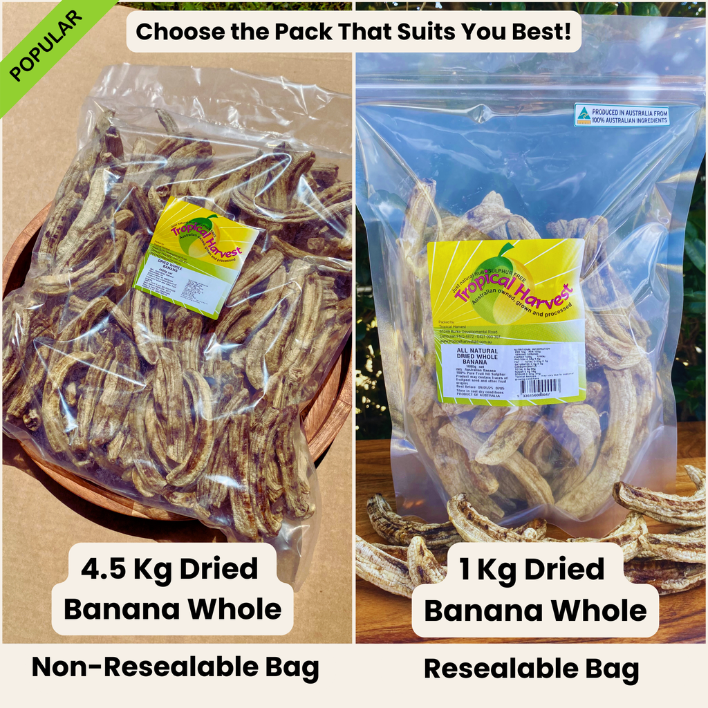 Side-by-side comparison of 4.5kg non-resealable bulk pack and 1kg resealable pack of Australian dried whole bananas, helping customers choose the best option.