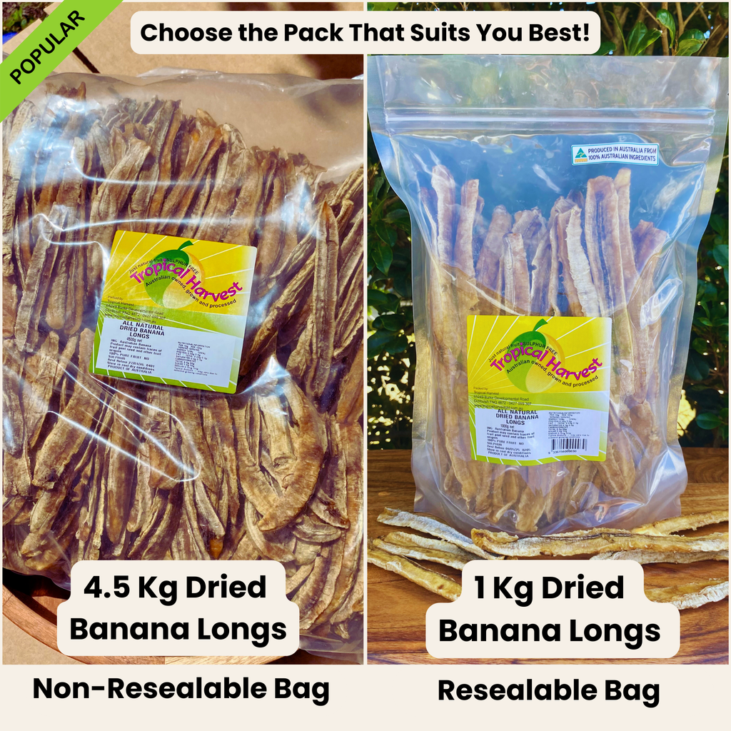 A side-by-side comparison of 4.5kg bulk dried banana longs in non-resealable packaging and 1kg dried banana longs in a resealable bag, showcasing size options for bulk buyers and convenient snackers. Proudly Australian-grown and dried, these bananas offer a naturally sweet, chewy texture, perfect for healthy snacking, baking, and meal prep.