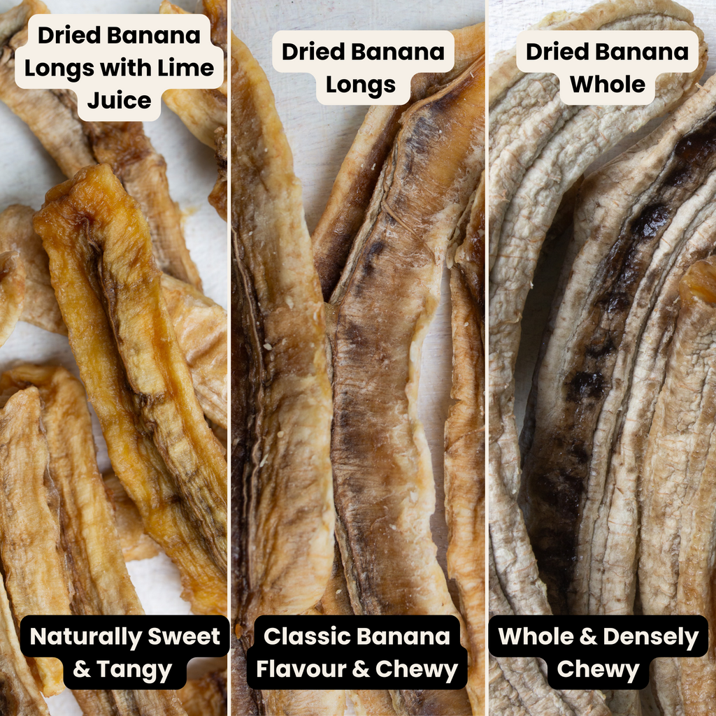 Side-by-side comparison of three types of Australian dried bananas from Tropical Harvest. Left: Dried Banana Longs with Lime Juice – naturally sweet with a tangy citrus twist. Center: Classic Dried Banana Longs – rich banana flavor with a chewy texture. Right: Whole Dried Bananas – densely chewy with an intense banana taste. Ideal for snacking, baking, and meal prepping.