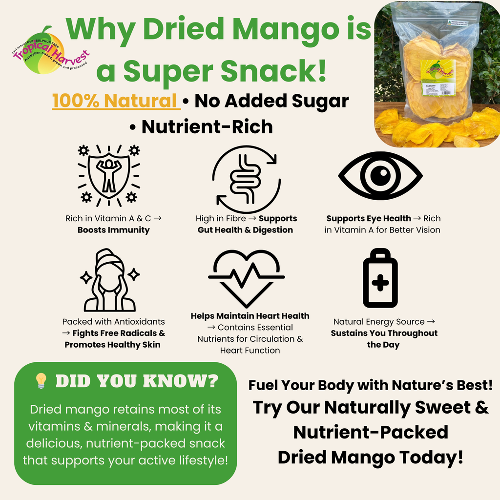 Infographic highlighting the health benefits of dried mango. 100% natural, no added sugar, high in fiber, rich in vitamins A & C, supports gut health, immunity, and heart function. A nutrient-rich snack with antioxidants that promote healthy skin.