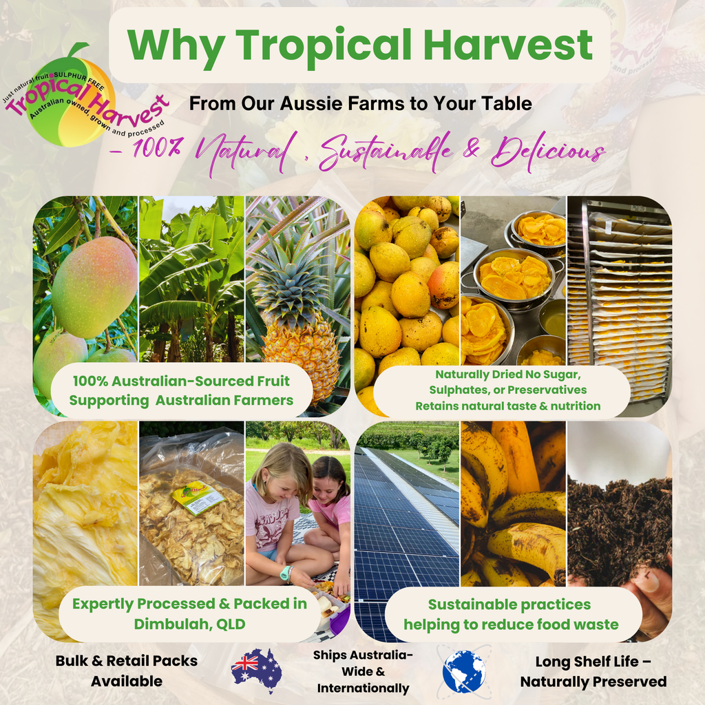 Why Tropical Harvest? A farm-to-table approach showcasing 100% Australian-sourced fruit, sustainable drying processes, and eco-friendly practices. Image includes fresh mango, pineapple, and banana, solar-powered processing, natural drying methods, and composting for food waste reduction. Bulk & retail packs available, shipping Australia-wide and internationally.