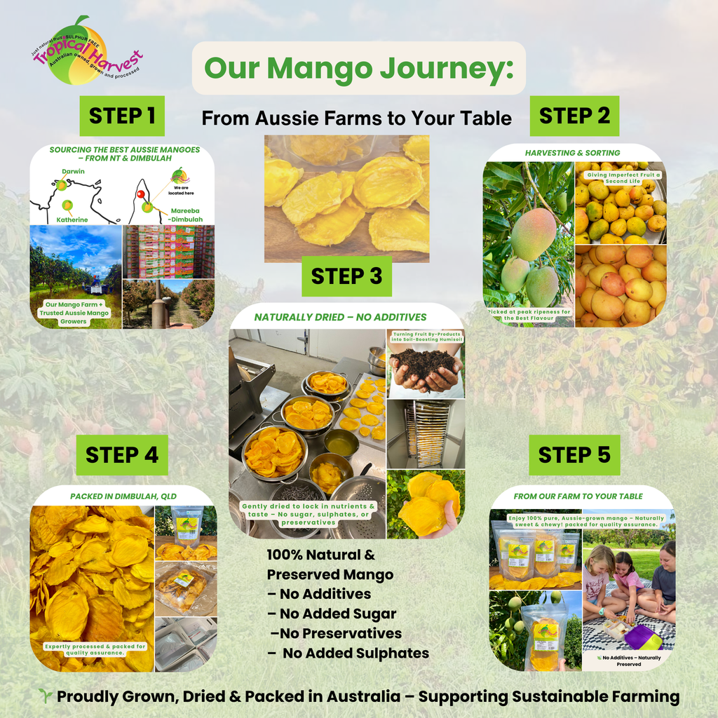 Follow the journey of Tropical Harvest’s premium dried mango – from Aussie farms in NT & Dimbulah to your table. 100% natural, no added sugar, no preservatives, and proudly grown, dried & packed in Australia.