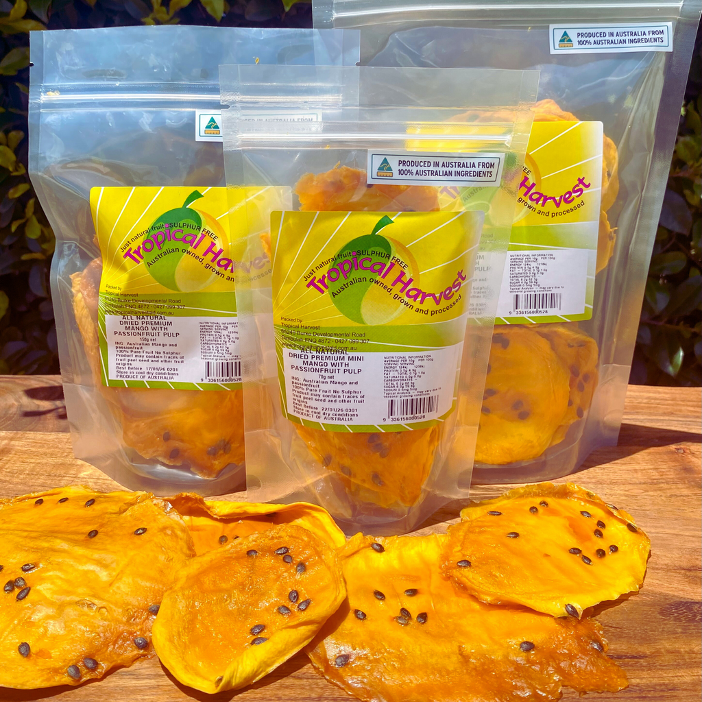 Three resealable bags of Australian-grown dried mango with passionfruit pulp in 70g, 150g, and 350g sizes, displayed with fresh mango slices.